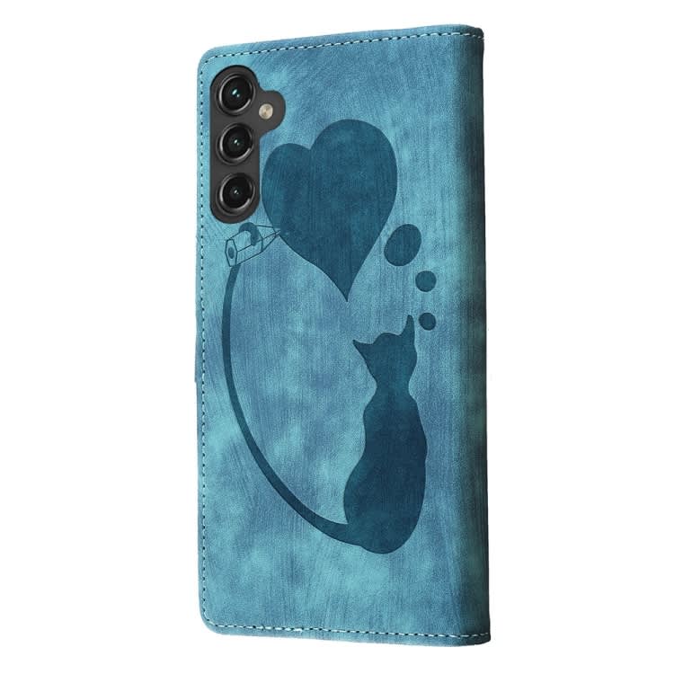 For Samsung Galaxy A35 5G Pen Heart Cat Embossed Leather Phone Case(Blue)