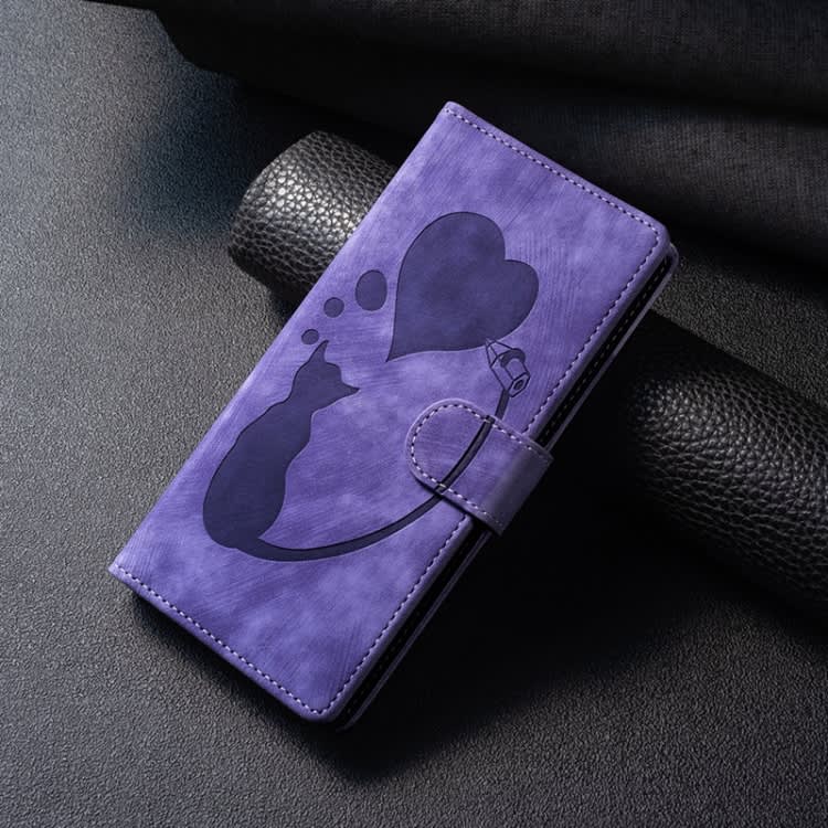 For Samsung Galaxy A14 5G Pen Heart Cat Embossed Leather Phone Case(Purple)