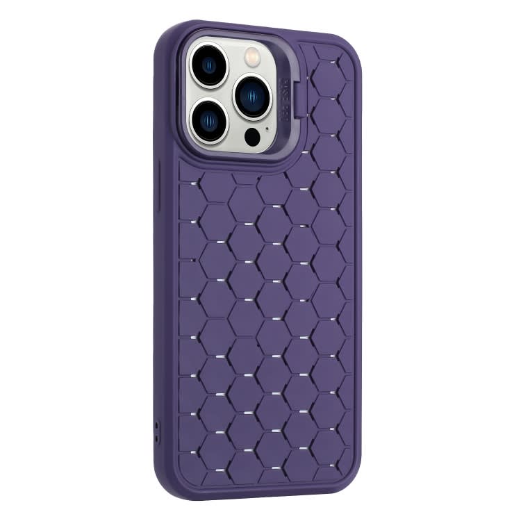 For iPhone 15 Pro Max Honeycomb Radiating Lens Holder TPU Phone Case(Purple)