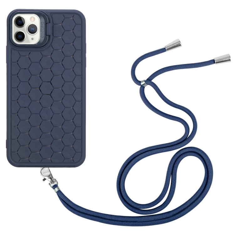 For iPhone 12 Pro Max Honeycomb Radiating Holder TPU Phone Case with Lanyard(Blue)