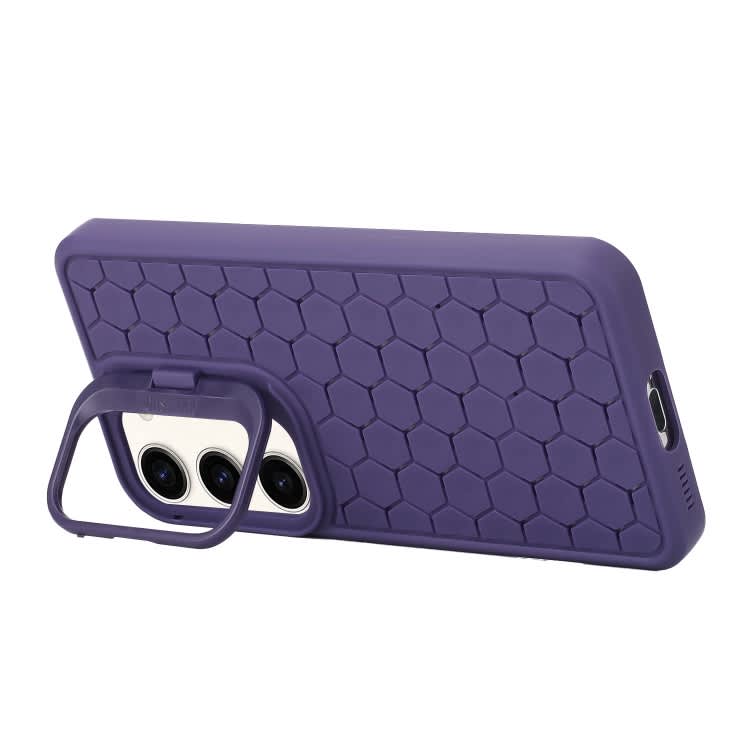 For Samsung Galaxy A14 4G/5G Honeycomb Radiating Holder TPU Phone Case with Lanyard(Purple)