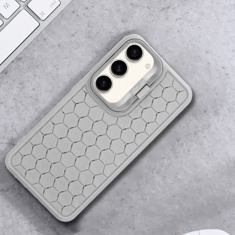 For Samsung Galaxy S23 5G Honeycomb Radiating Holder TPU Phone Case with Lanyard(Grey)