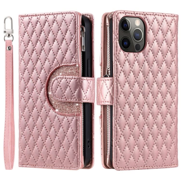 For iPhone 11 Pro Glitter Lattice Zipper Wallet Leather Phone Case(Rose Gold)