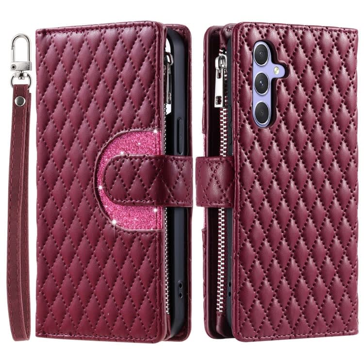 For Samsung Galaxy A35 5G Glitter Lattice Zipper Wallet Leather Phone Case(Wine Red)