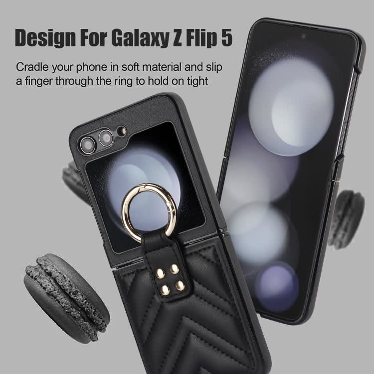 For Samsung Galaxy Z Flip5 V-shaped PU Hybrid TPU Ring Holder Phone Case(Black)
