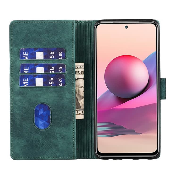 For Xiaomi Redmi Note 10S Pen Heart Cat Embossed Leather Phone Case(Green)