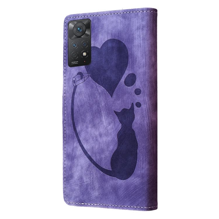 For Xiaomi Redmi Note 11 Pro 5G Pen Heart Cat Embossed Leather Phone Case(Purple)