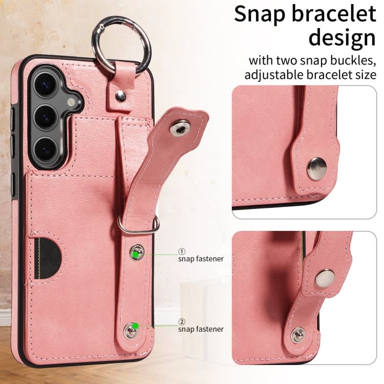 For Samsung Galaxy S24+ 5G Calf Texture Wrist Card Slot Ring Phone Case(Pink)