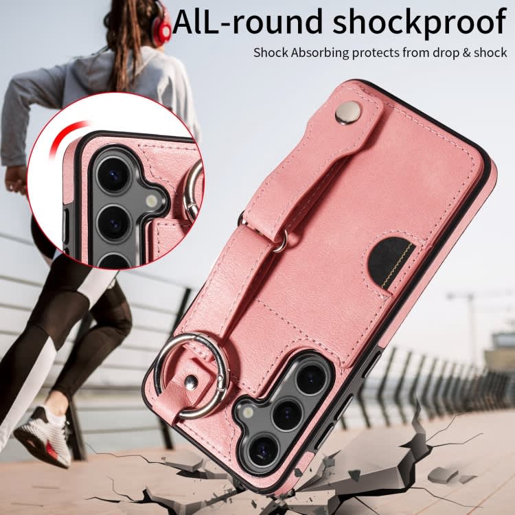 For Samsung Galaxy S24+ 5G Calf Texture Wrist Card Slot Ring Phone Case(Pink)