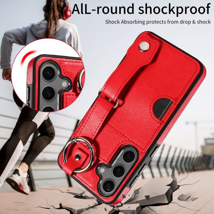 For Samsung Galaxy S24+ 5G Calf Texture Wrist Card Slot Ring Phone Case(Red)