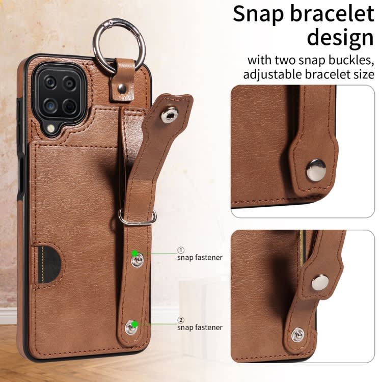 For Samsung Galaxy A12 4G Calf Texture Wrist Card Slot Ring Phone Case(Brown)