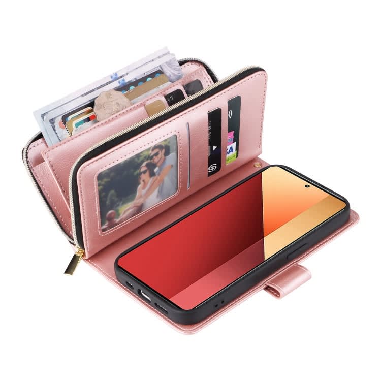 For Xiaomi Redmi Note 13 Pro 4G 9 Card Slots Zipper Wallet Bag Leather Phone Case(Rose Gold)