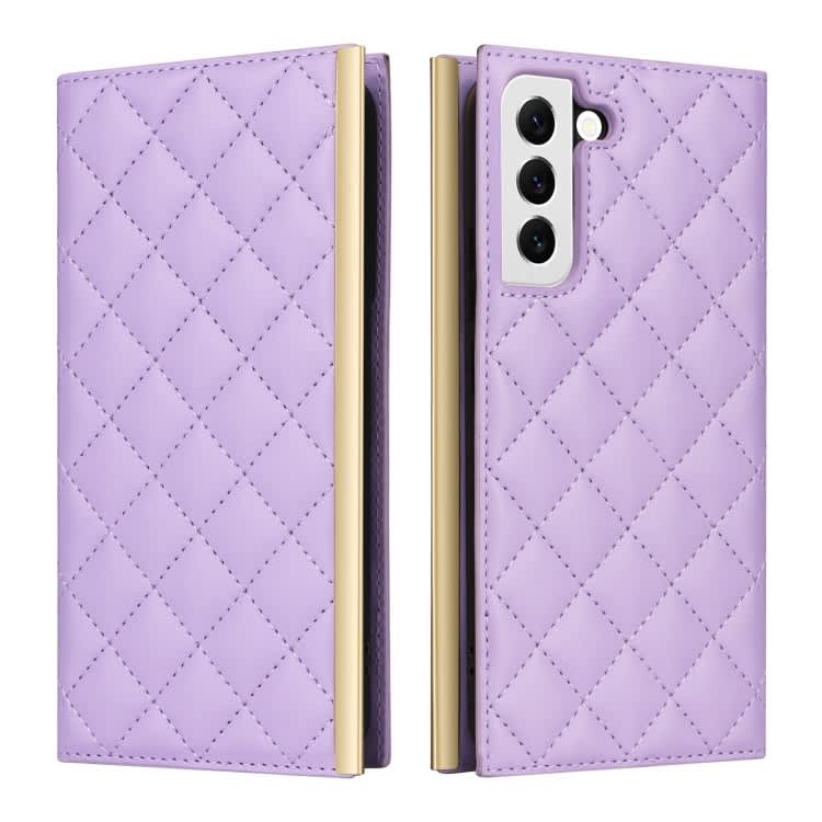 For Samsung Galaxy S22 5G Crossbody Rhombic Sucker Leather Phone Case(Purple)