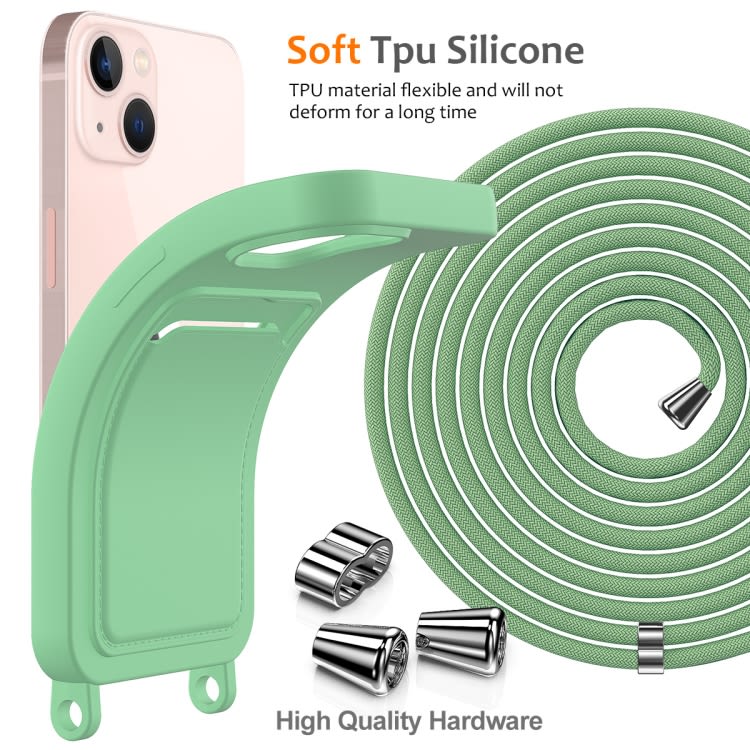 For iPhone 13 Integrated Card Bag Solid Color Liquid Silicone Phone Case with Lanyard(Green)