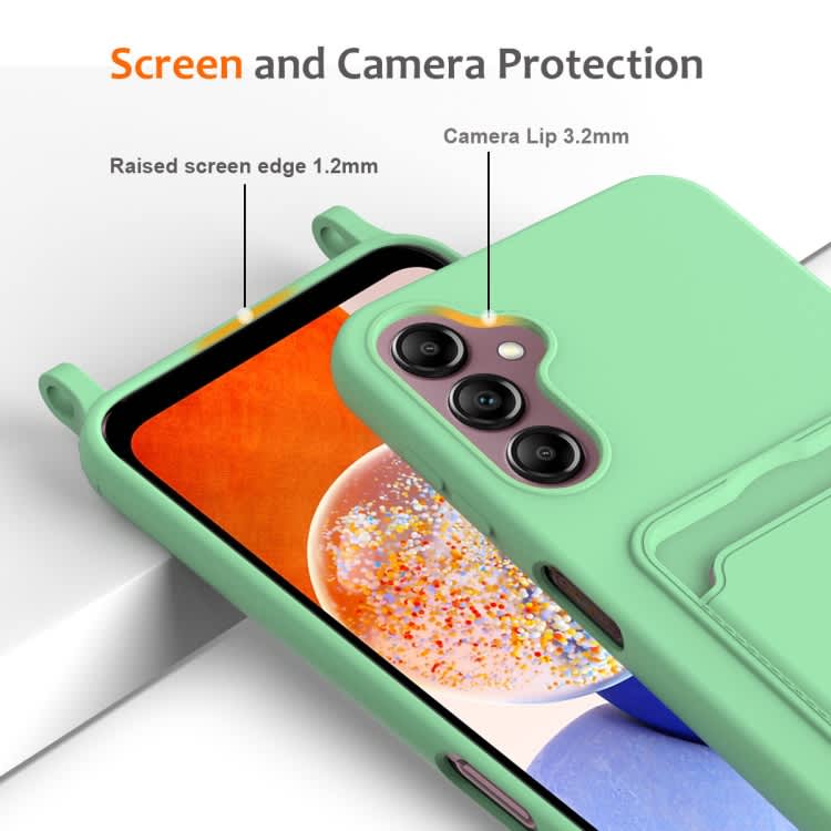 For Samsung Galaxy A14 4G/5G Integrated Card Bag Solid Color Liquid Silicone Phone Case with Lanyar