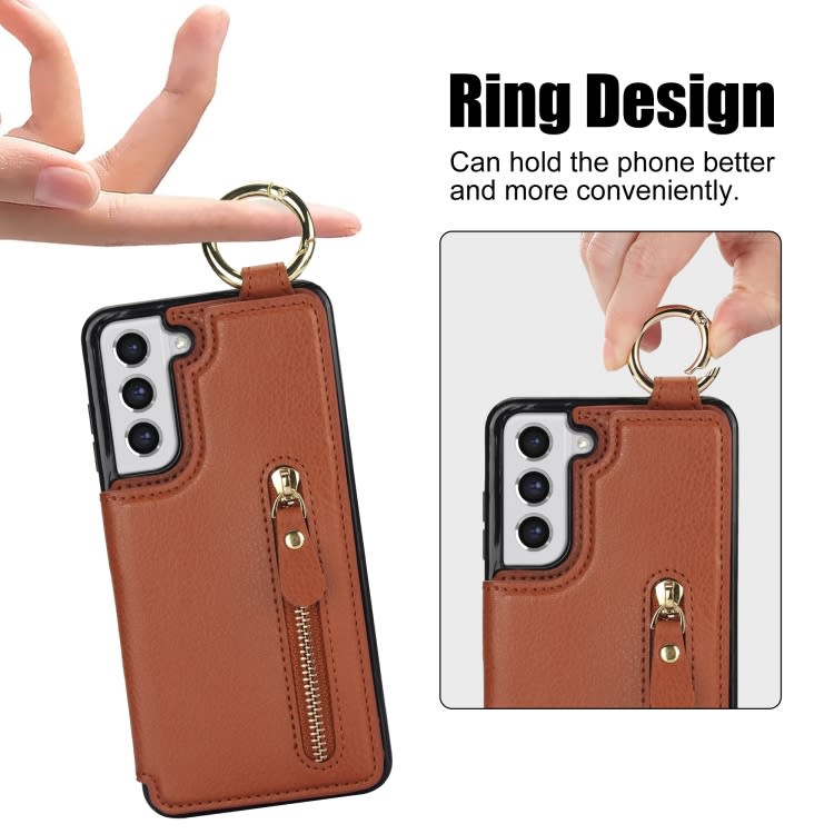 For Samsung Galaxy S21 FE 5G Litchi Texture Zipper Double Buckle Card Bag Phone Case(Brown)