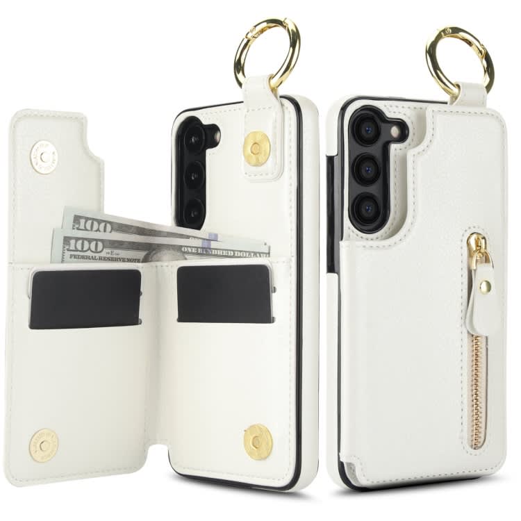 For Samsung Galaxy S23+ 5G Litchi Texture Zipper Double Buckle Card Bag Phone Case(White)
