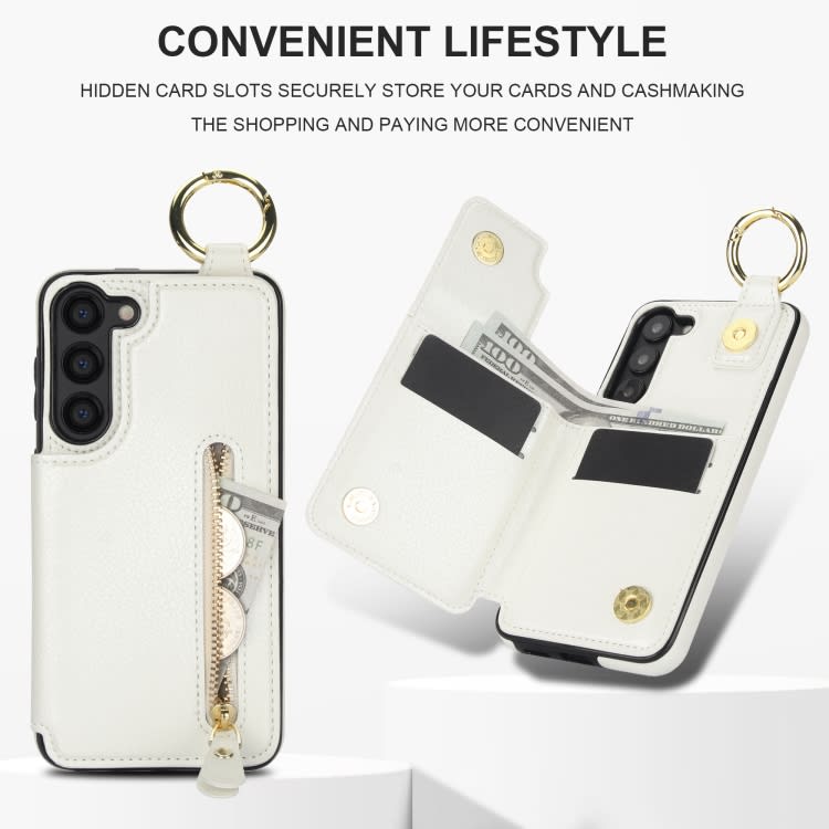 For Samsung Galaxy S23+ 5G Litchi Texture Zipper Double Buckle Card Bag Phone Case(White)