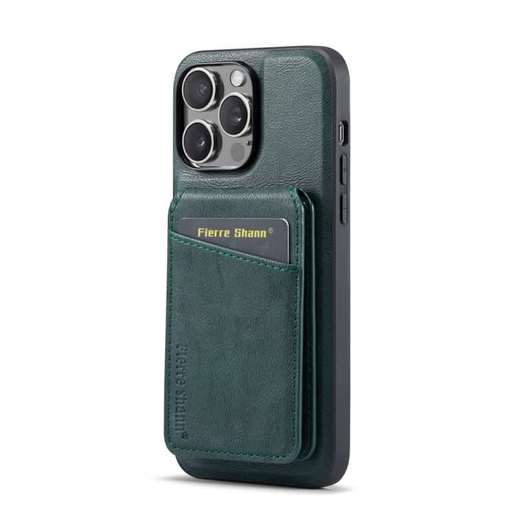 For iPhone 15 Pro Max Fierre Shann Oil Wax Cow Leather Magnetic Card Holder Phone Case(Green)