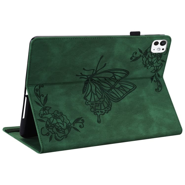 For iPad Pro 11 2024 Butterfly Flower Embossed Leather Tablet Case(Green)