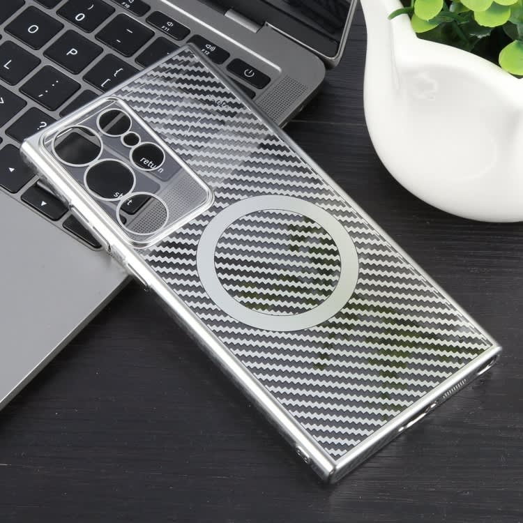For Samsung Galaxy S24 Ultra 5G 6D Plated Carbon Fiber Clear Magsafe PC Phone Case(Starlight Silver