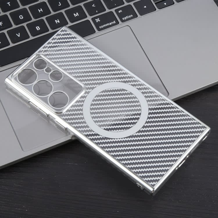 For Samsung Galaxy S24 Ultra 5G 6D Plated Carbon Fiber Clear Magsafe PC Phone Case(Starlight Silver