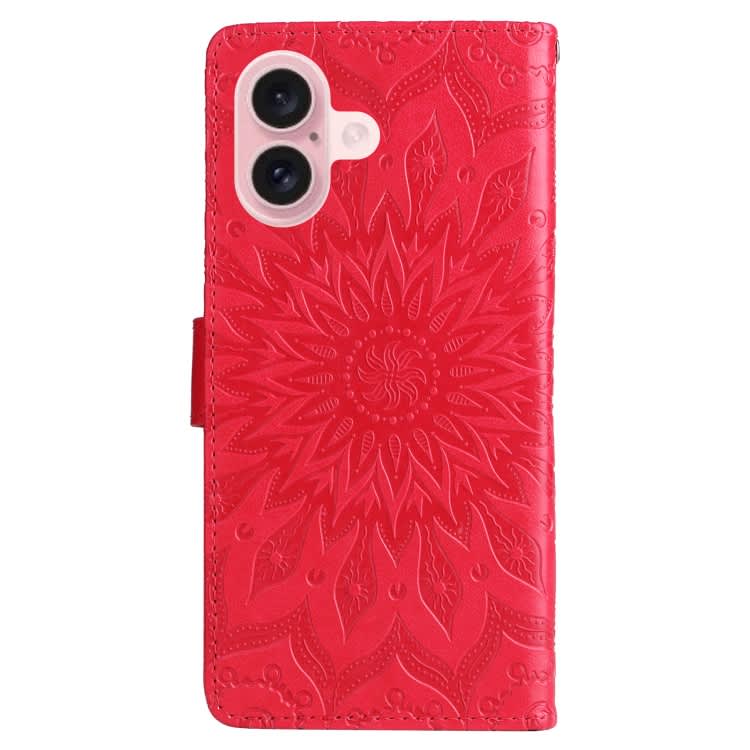For iPhone 16 Embossed Sunflower Pattern Flip Leather Phone Case(Red)