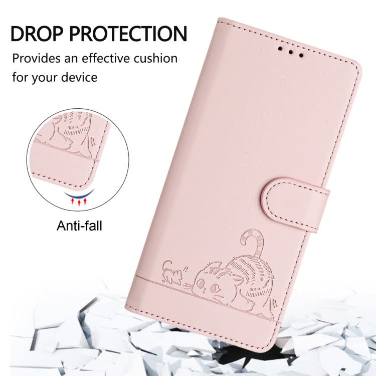 For iPhone 15 Cat Rat Embossed Pattern RFID Leather Phone Case with Lanyard(Pink)