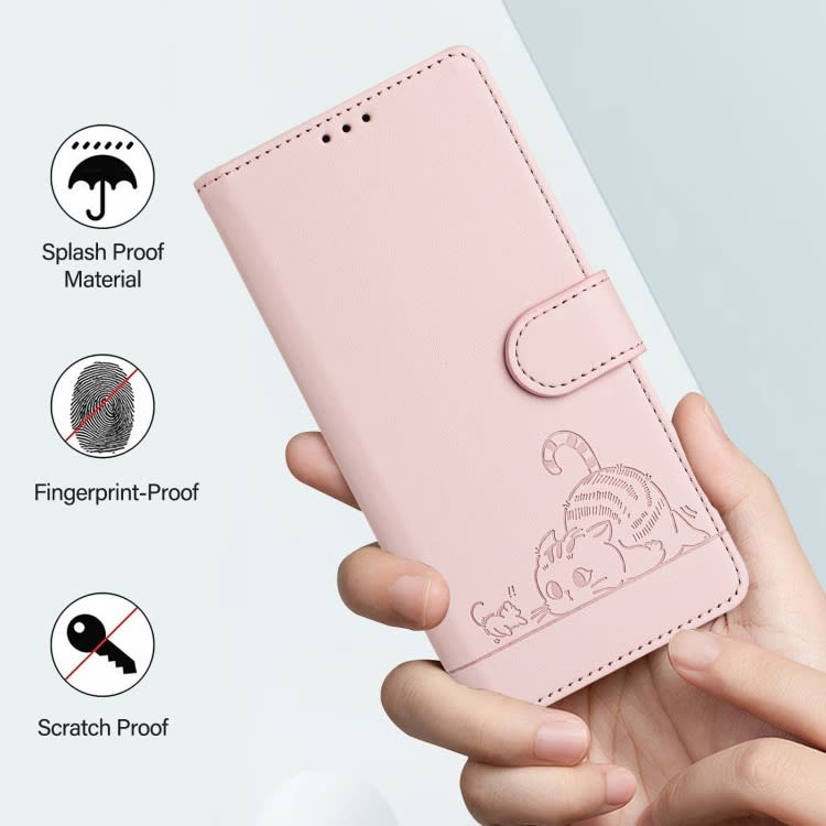 For iPhone 15 Cat Rat Embossed Pattern RFID Leather Phone Case with Lanyard(Pink)