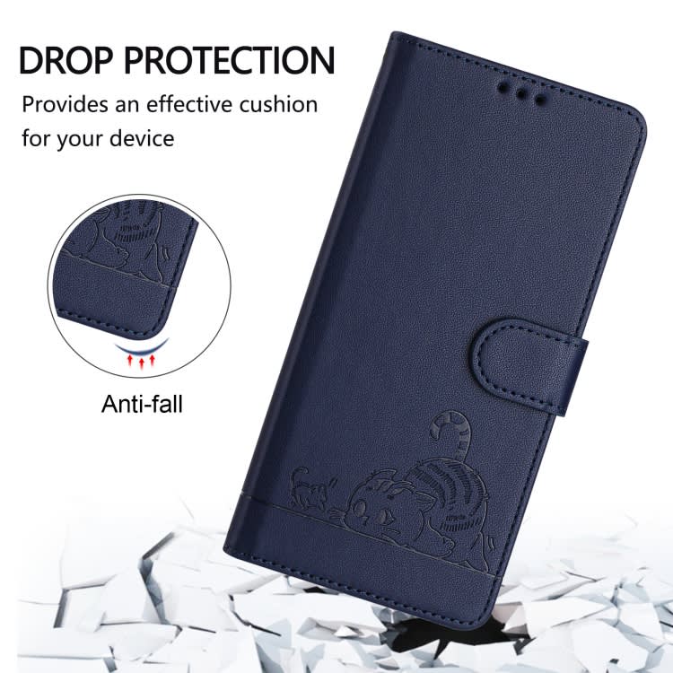 For iPhone 15 Cat Rat Embossed Pattern RFID Leather Phone Case with Lanyard(Blue)
