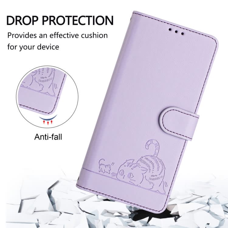 For iPhone 15 Cat Rat Embossed Pattern RFID Leather Phone Case with Lanyard(Purple)