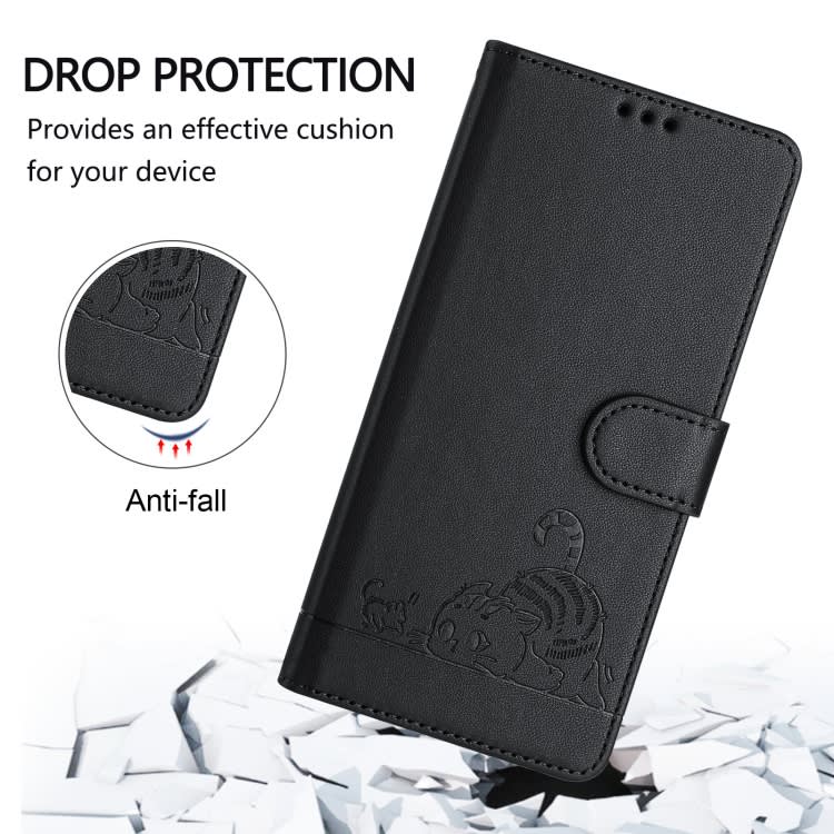 For iPhone 14 Pro Cat Rat Embossed Pattern RFID Leather Phone Case with Lanyard(Black)