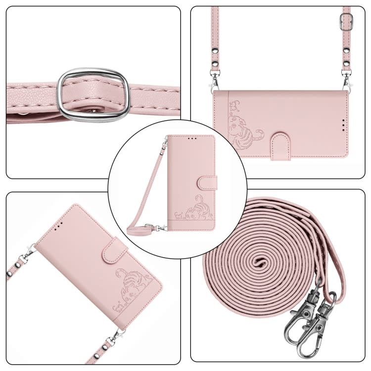 For iPhone 13 mini Cat Rat Embossed Pattern RFID Leather Phone Case with Lanyard(Pink)
