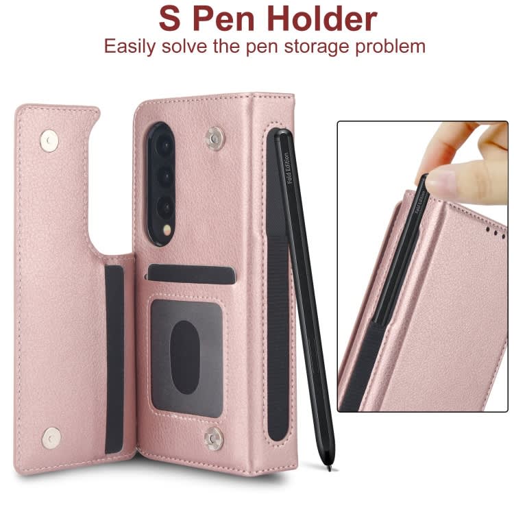 For Samsung Galaxy Z Fold4 Solid Color Multifunctional Folding Leather Phone Case with Pen Slot(Ros