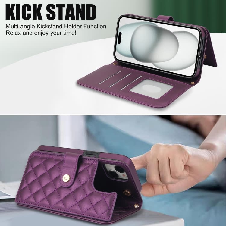 For iPhone 14 Plus Crossbody Multifunction Rhombic Leather Phone Case(Dark Purple)