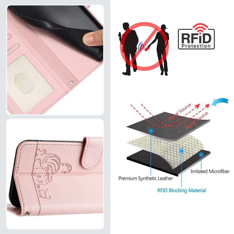 For Xiaomi Redmi Note 9 Pro 4G Cat Rat Embossed Pattern RFID Leather Phone Case with Lanyard(Pink)