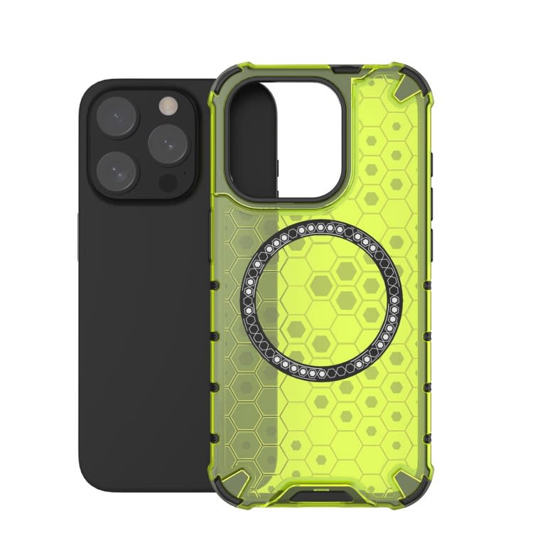 For iPhone 15 Pro Honeycomb Magnetic Ring Shockproof Phone Case(Green)