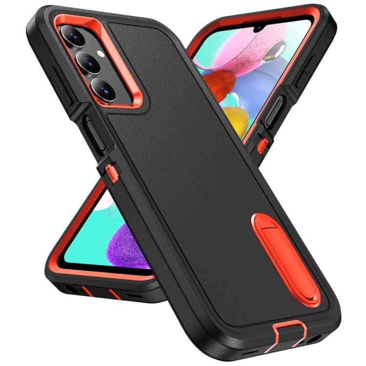 For Samsung Galaxy A15 Rugged PC + Silicone Phone Case with Holder(Black+Orange)