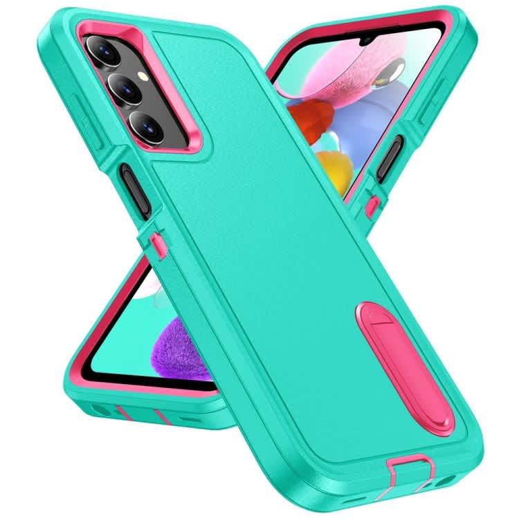 For Samsung Galaxy A15 Rugged PC + Silicone Phone Case with Holder(Light Green+Rose Red)