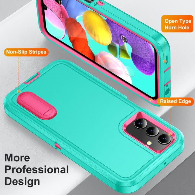 For Samsung Galaxy A15 Rugged PC + Silicone Phone Case with Holder(Light Green+Rose Red)