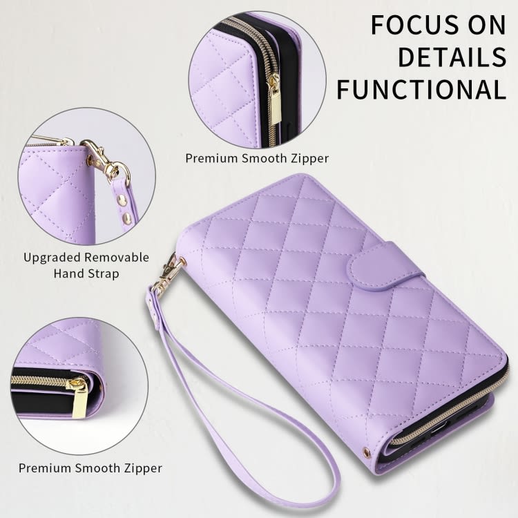 For iPhone 15 Crossbody Rhombic Zipper Tower Buckle Leather Phone Case with Lanyard(Purple)