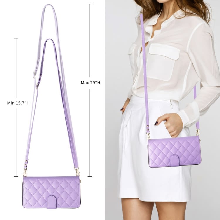For iPhone 15 Crossbody Rhombic Zipper Tower Buckle Leather Phone Case with Lanyard(Purple)