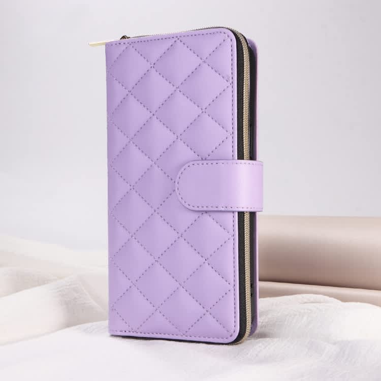 For iPhone 13 Pro Crossbody Rhombic Zipper Tower Buckle Leather Phone Case with Lanyard(Purple)