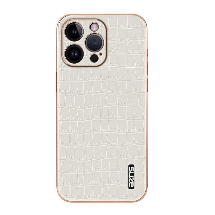 For iPhone 14 Pro AZNS Electroplated Frame Crocodile Texture Full Coverage Phone Case(White)