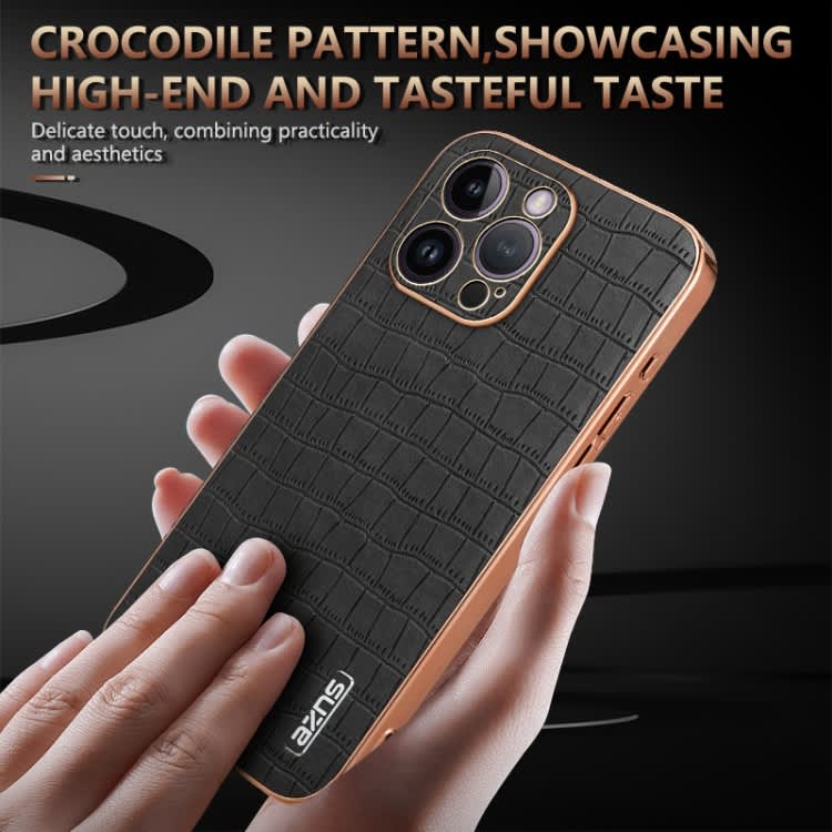 For iPhone 14 Pro AZNS Electroplated Frame Crocodile Texture Full Coverage Phone Case(White)