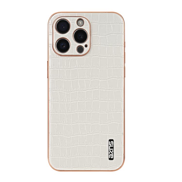 For iPhone 15 Pro AZNS Electroplated Frame Crocodile Texture Full Coverage Phone Case(White)