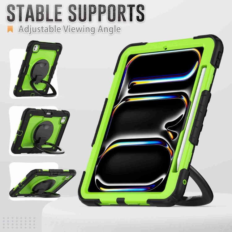 For iPad Pro 11 2024 Handle Silicone Hydric PC Tablet Case with Shoulder Strap(Yellow Green PC)
