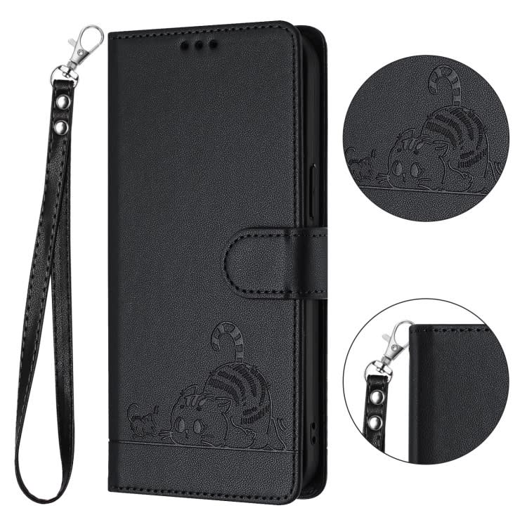For Samsung Galaxy S20 FE 4G Cat Rat Embossed Pattern RFID PU Phone Case with Wrist Strap(Black)