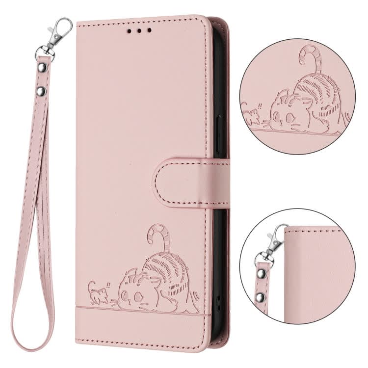 For Samsung Galaxy A52 4G Cat Rat Embossed Pattern RFID PU Phone Case with Wrist Strap(Pink)