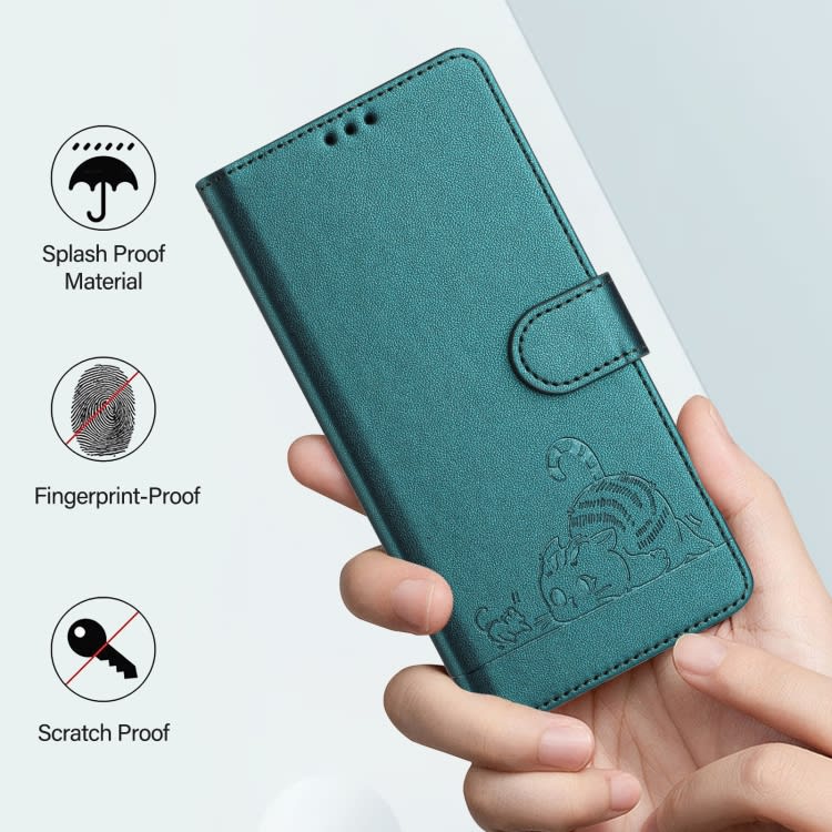 For Samsung Galaxy S20 FE 5G Cat Rat Embossed Pattern RFID PU Phone Case with Wrist Strap(Peacock G